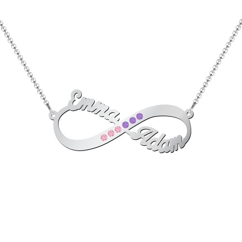 Infinity Name Necklace with Accents – Sterling Silver with Fancy Pink Premium Zirconia and Amethyst Premium Zirconia