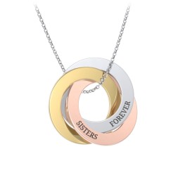Engraved Tri Colour Interlocking Russian Rings Necklace