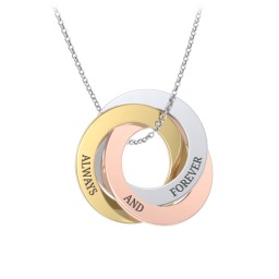Engraved Tri Colour Interlocking Russian Rings Necklace