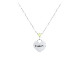 Engravable Heart Necklace with Birthstone in 925 Sterling Silver with Peridot