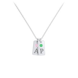 Small Initial 2 Tag Necklace with Birthstone in 925 Sterling Silver with Pink Tourmaline and Emerald