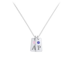 Small Initial 2 Tag Necklace with Birthstone in 925 Sterling Silver with Pink Tourmaline and Blue Sapphire