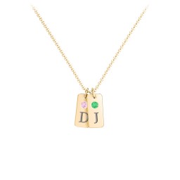 Small Initial 2 Tag Necklace with Birthstone in 9K Solid Yellow Gold with Pink Tourmaline and Emerald