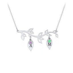 Leaf Initial Family Birthstone Necklace in 925 Sterling Silver with Amethyst, Green Premium Zirconia, Cubic Zirconia, and Fancy Pink Premium Zirconia