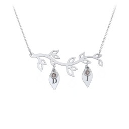 Leaf Initial Family Birthstone Necklace in 925 Sterling Silver with Smokey Quartz, Cubic Zirconia, and Fancy Pink Premium Zirconia