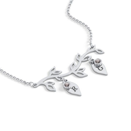 Leaf Initial Family Birthstone Necklace – Sterling Silver with Smokey Quartz