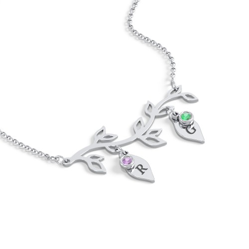 Leaf Initial Family Birthstone Necklace – Sterling Silver with Amethyst and Emerald