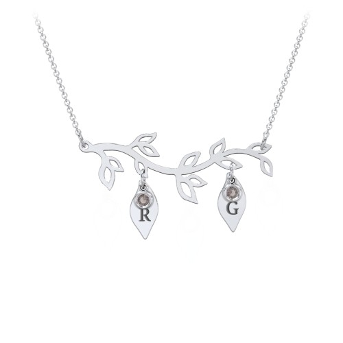 Leaf Initial Family Birthstone Necklace – Sterling Silver with Smokey Quartz