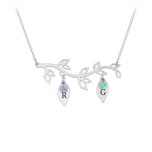 Leaf Initial Family Birthstone Necklace – Sterling Silver with Amethyst and Emerald