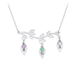 Leaf Initial Family Birthstone Necklace in 925 Sterling Silver with Amethyst, Green Premium Zirconia, Cubic Zirconia, and Fancy Pink Premium Zirconia