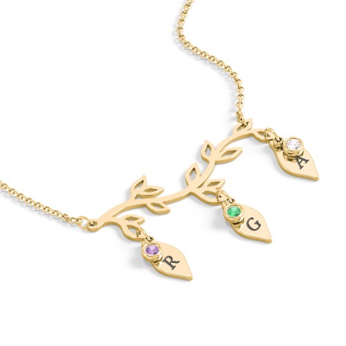 Leaf Initial Family Birthstone Necklace – 9kt Yellow Gold with Amethyst, Emerald, and Cubic Zirconia