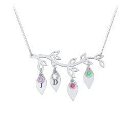 Leaf Initial Family Birthstone Necklace
