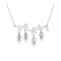 Leaf Initial Family Birthstone Necklace – Sterling Silver with Amethyst, Emerald, Cubic Zirconia, and Pink Tourmaline
