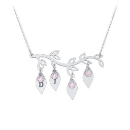 Leaf Initial Family Birthstone Necklace in 925 Sterling Silver with Pink Tourmaline
