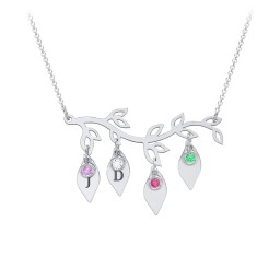 Leaf Initial Family Birthstone Necklace in 925 Sterling Silver with Amethyst, Cubic Zirconia, Ruby, and Emerald