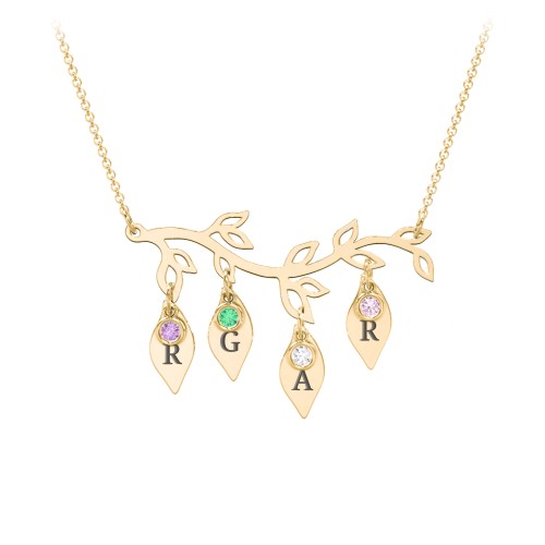 Leaf Initial Family Birthstone Necklace – 9kt Yellow Gold with Amethyst, Emerald, Cubic Zirconia, and Pink Tourmaline