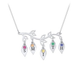 Leaf Initial Family Birthstone Necklace in 925 Sterling Silver with Ruby, Orange Sapphire, Citrine, Emerald, and Blue Sapphire