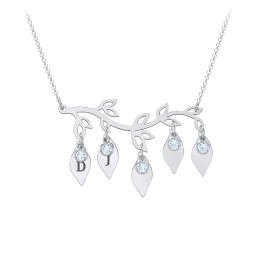 Leaf Initial Family Birthstone Necklace in 925 Sterling Silver with Blue Topaz