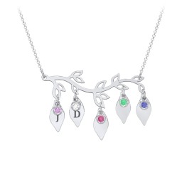 Leaf Initial Family Birthstone Necklace in 925 Sterling Silver with Amethyst, Cubic Zirconia, Ruby, Emerald, and Blue Sapphire