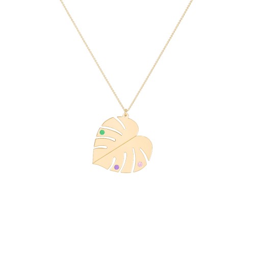 Engravable Monstera Leaf Necklace with Birthstones