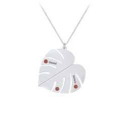 Engravable Monstera Leaf Necklace with Birthstones in 925 Sterling Silver with Garnet, Ruby, Emerald, and Blue Sapphire