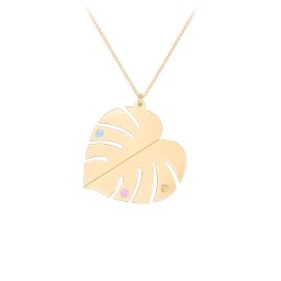 Engravable Monstera Leaf Necklace with Birthstones in 9K Solid Yellow Gold with Blue Topaz, Citrine, Pink Tourmaline, Ruby, Emerald, and Blue Sapphire