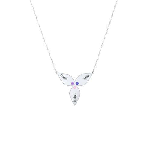 Engravable 3 Petal Flower Birthstone Necklace – Sterling Silver with Amethyst, Blue Sapphire, and Pink Tourmaline