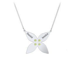Engravable 4 Petal Flower Birthstone Necklace in 925 Sterling Silver with Peridot and Amethyst