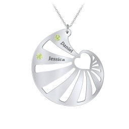 Engravable Spiral Heart Shell Birthstone Necklace in 925 Sterling Silver with Peridot, Blue Topaz, Diamond, and Pink Tourmaline
