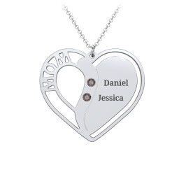 "Mom" Heart Necklace with Row of Birthstones in 925 Sterling Silver with Smokey Quartz, Citrine, and Red Premium Zirconia