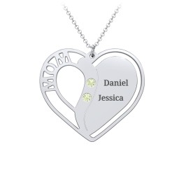 "Mom" Heart Necklace with Row of Birthstones in 925 Sterling Silver with Peridot, Citrine, and Red Premium Zirconia