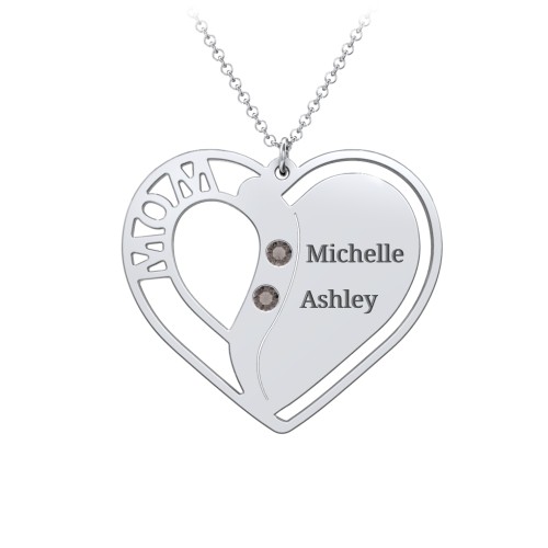 "Mom" Heart Necklace with Row of Birthstones – Sterling Silver with Smokey Quartz