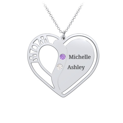 "Mom" Heart Necklace with Row of Birthstones – Sterling Silver with Amethyst and Cubic Zirconia
