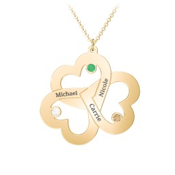 Engravable Three Heart Birthstone Necklace in 9K Solid Yellow Gold with Emerald, Citrine, and Cubic Zirconia