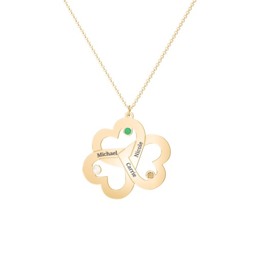 Engravable Three Heart Birthstone Necklace – 9kt Yellow Gold with Emerald, Citrine, and Cubic Zirconia