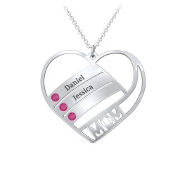 Engravable "Mom" Heart 2-5 Birthstone Necklace in 925 Sterling Silver with Ruby, Blue Topaz, and Pink Tourmaline