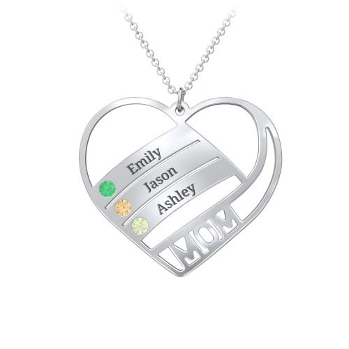 Engravable "Mom" Heart 2-5 Birthstone Necklace – Sterling Silver with Emerald, Citrine, and Peridot