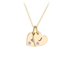 Engravable 2 Sideways Hearts Necklace with Birthstone in 18K Gold Plated Silver with Amethyst