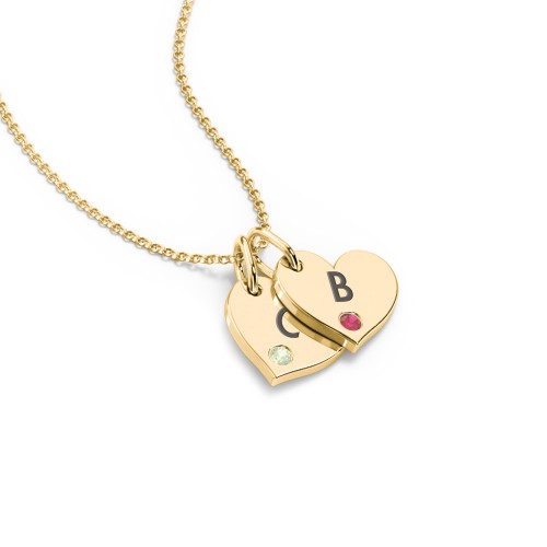 Engravable 2 Sideways Hearts Necklace with Birthstone – 18K Gold Plated Silver with Peridot and Garnet