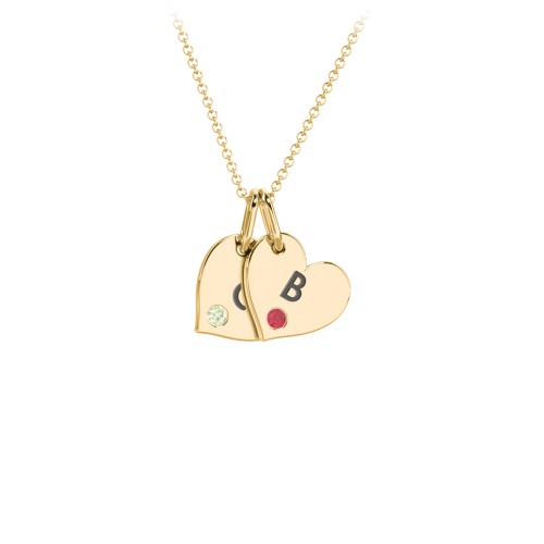 Engravable 2 Sideways Hearts Necklace with Birthstone – 18K Gold Plated Silver with Peridot and Garnet