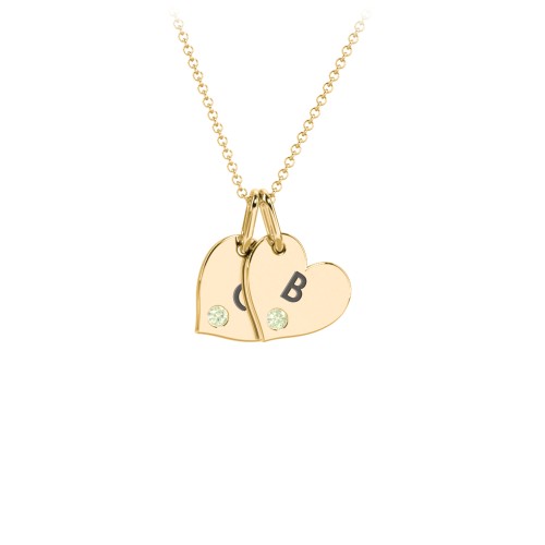 Engravable 2 Sideways Hearts Necklace with Birthstone – 18K Gold Plated Silver with Peridot
