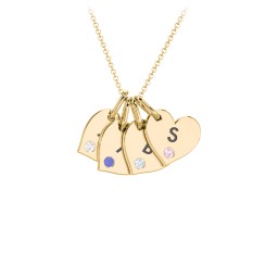 Engravable 4 Sideways Hearts Necklace with Birthstone in 18K Gold Plated Silver with Cubic Zirconia, Blue Sapphire, Aquamarine, and Pink Tourmaline