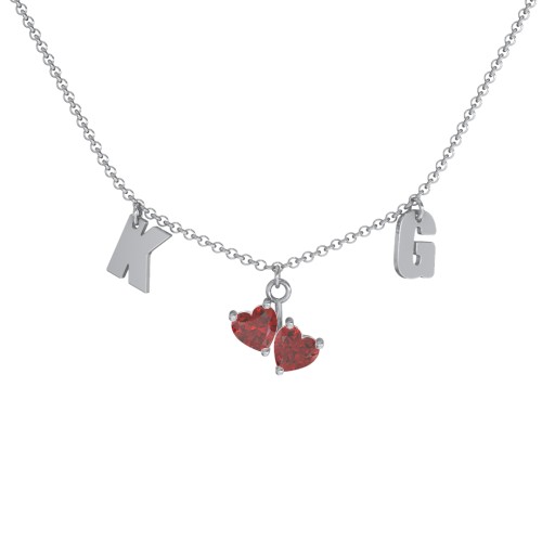 Initials Necklace with Double Heart Gemstones