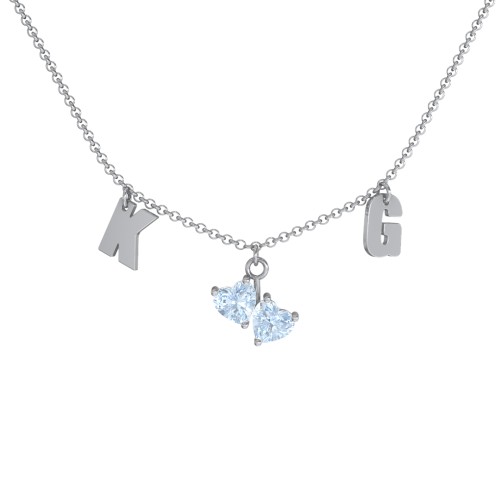 Initials Necklace with Double Heart Gemstones
