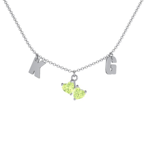 Initials Necklace with Double Heart Gemstones