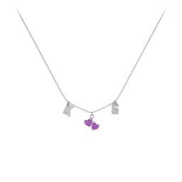 Initials Necklace with Double Heart Gemstones in 925 Sterling Silver with Amethyst