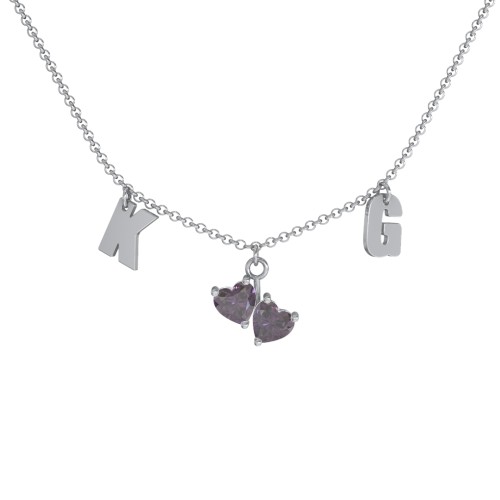 Initials Necklace with Double Heart Gemstones – Sterling Silver with Alexandrite