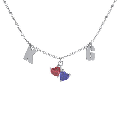 Initials Necklace with Double Heart Gemstones – Sterling Silver with Ruby and Blue Sapphire