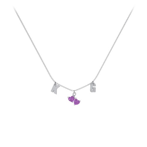 Initials Necklace with Double Heart Gemstones – Sterling Silver with Amethyst
