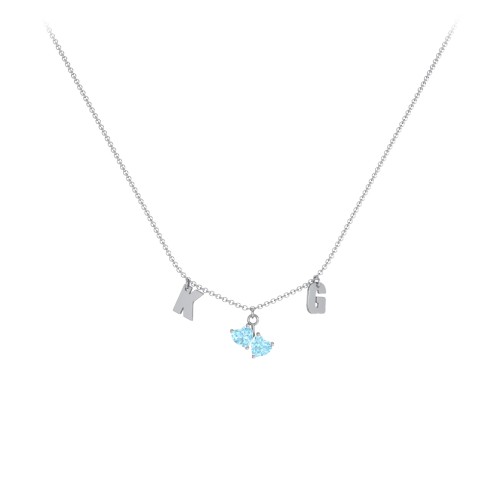 Initials Necklace with Double Heart Gemstones – Sterling Silver with Blue Topaz